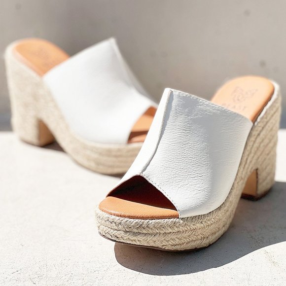 NEW White Faux Leather Espadrille Chunky Platform Wedge Slip On Slides Sandals - Picture 2 of 15